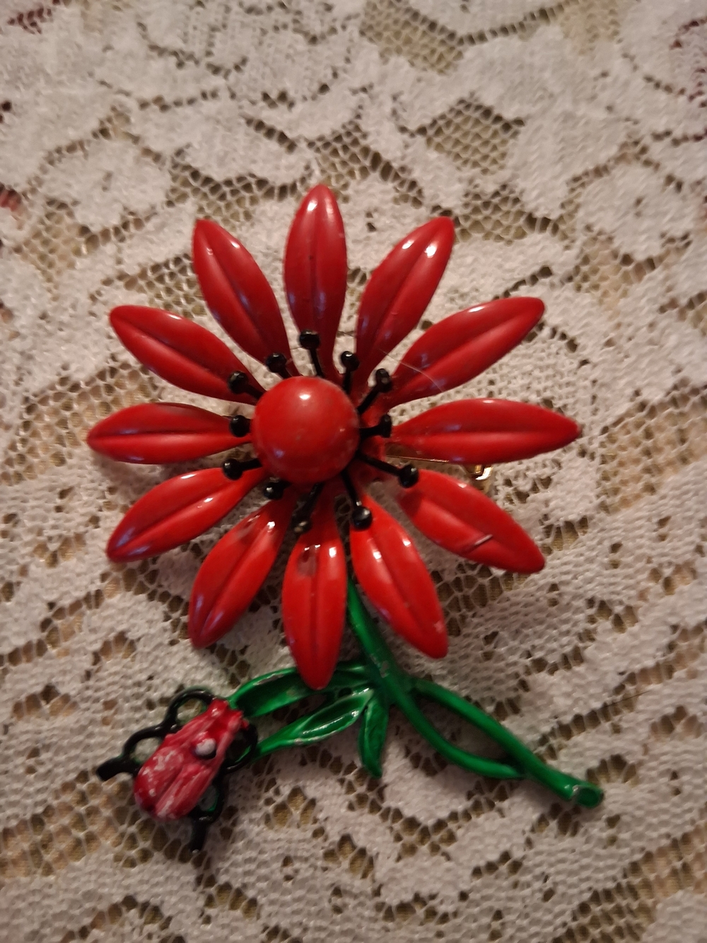 Vintage Red Flower And Beetle Bug Brooch Pin